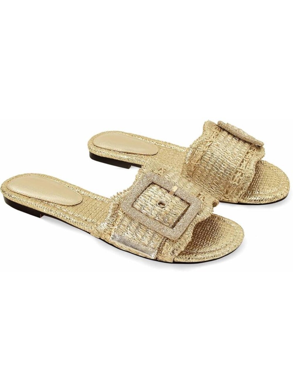Women's Gold Raffia Woven Braided Rattan Slides Comfort Cute Buckle Straw flat